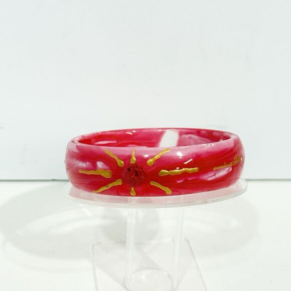 Pink Swirl Resin Bangle Bracelet Gold Hand Painted Sun Design Retro Boho Style - Picture 7 of 14